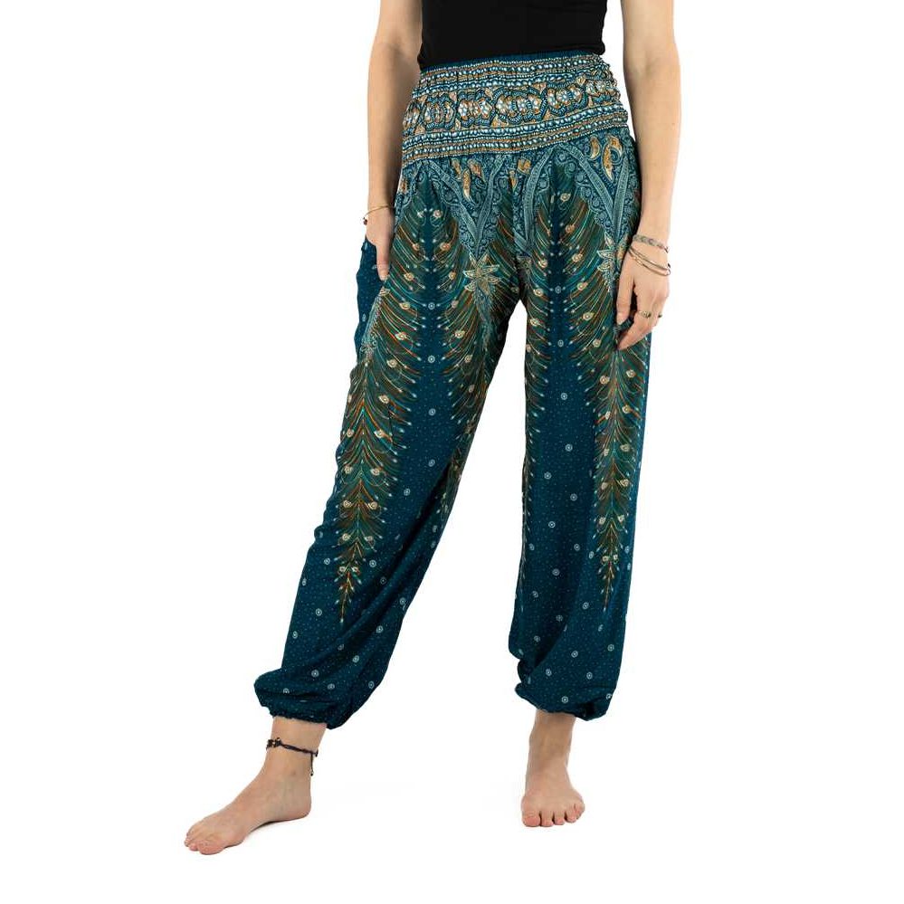 Haremshose Pfauenmuster blau türkis - handmade in Thailand