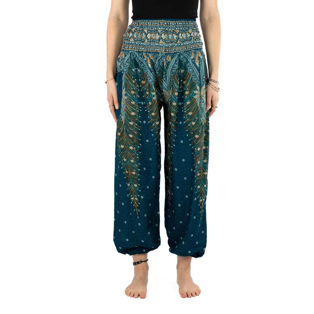 Haremshose Pfauenmuster blau türkis - handmade in Thailand