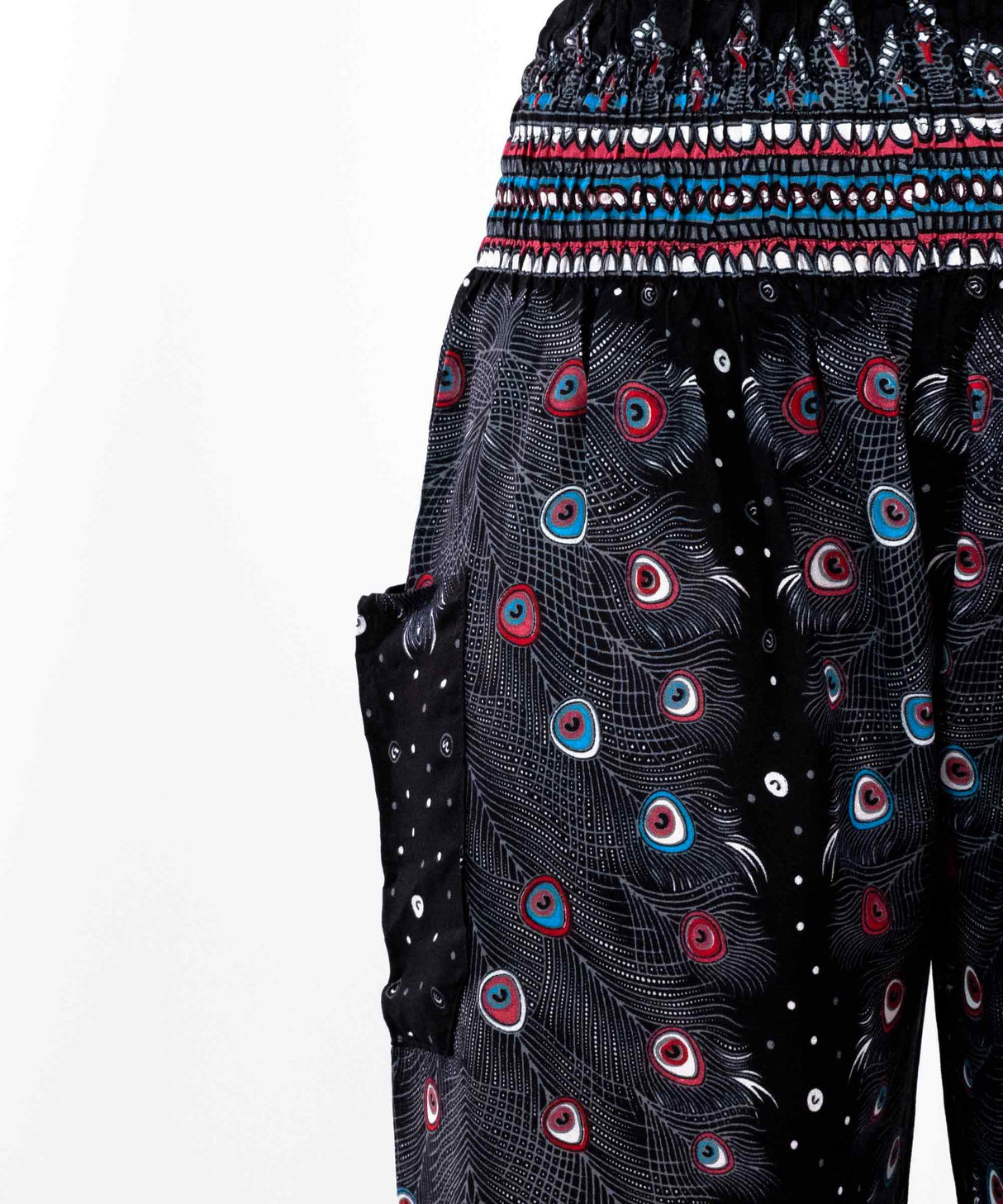 Haremshose Pfauenfeder schwarz rot blau breiter Bund