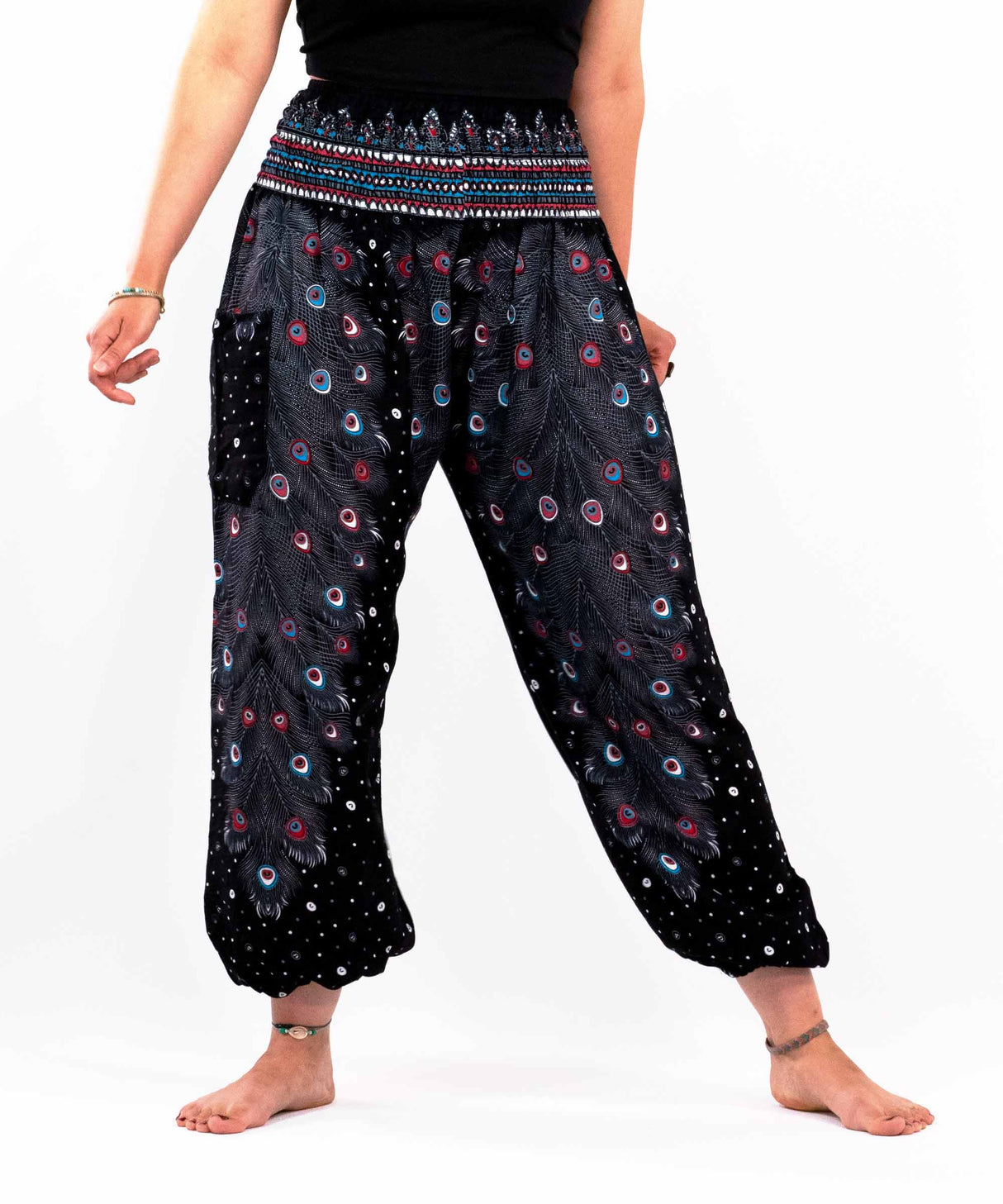 Haremshose Pfauenfeder schwarz rot blau