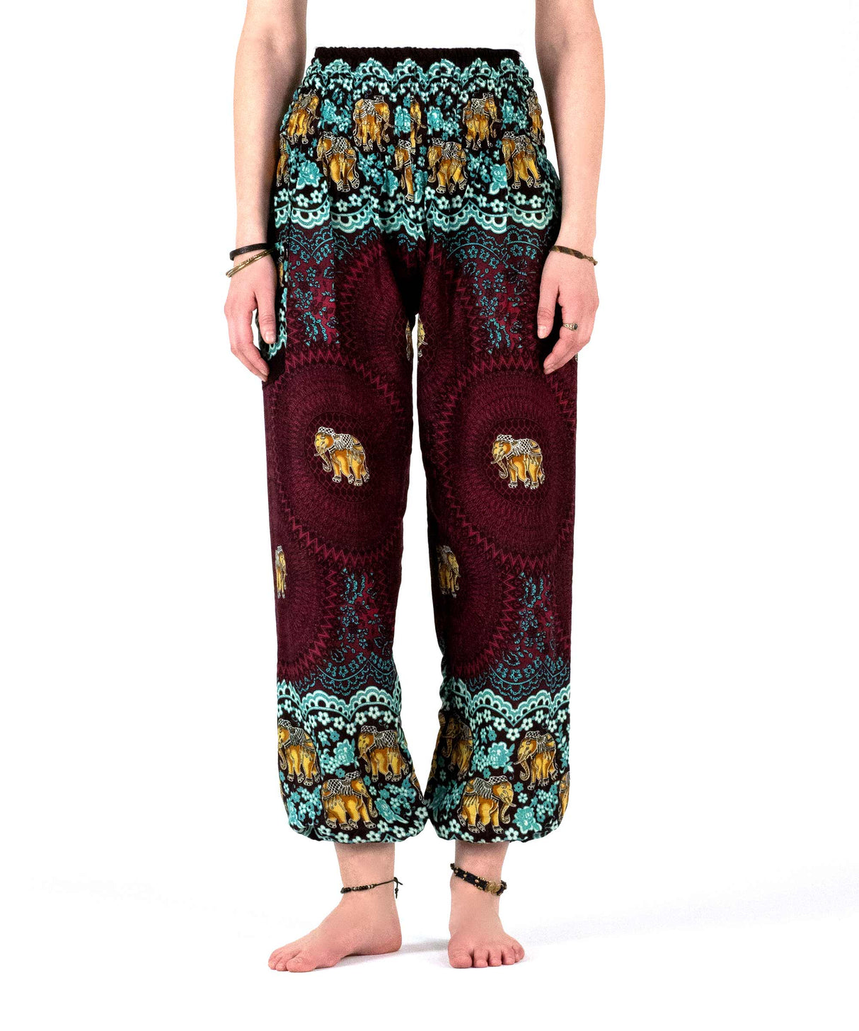 Haremshose mit Elefanten türkis rot gold - Vorderseite