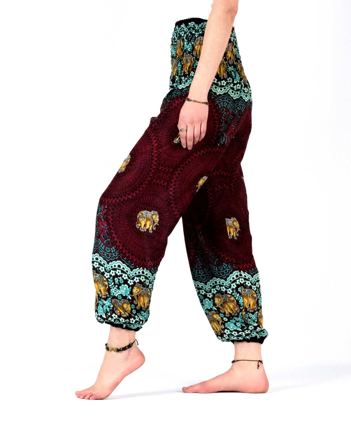Haremshose mit Elefanten türkis rot gold - seitlich