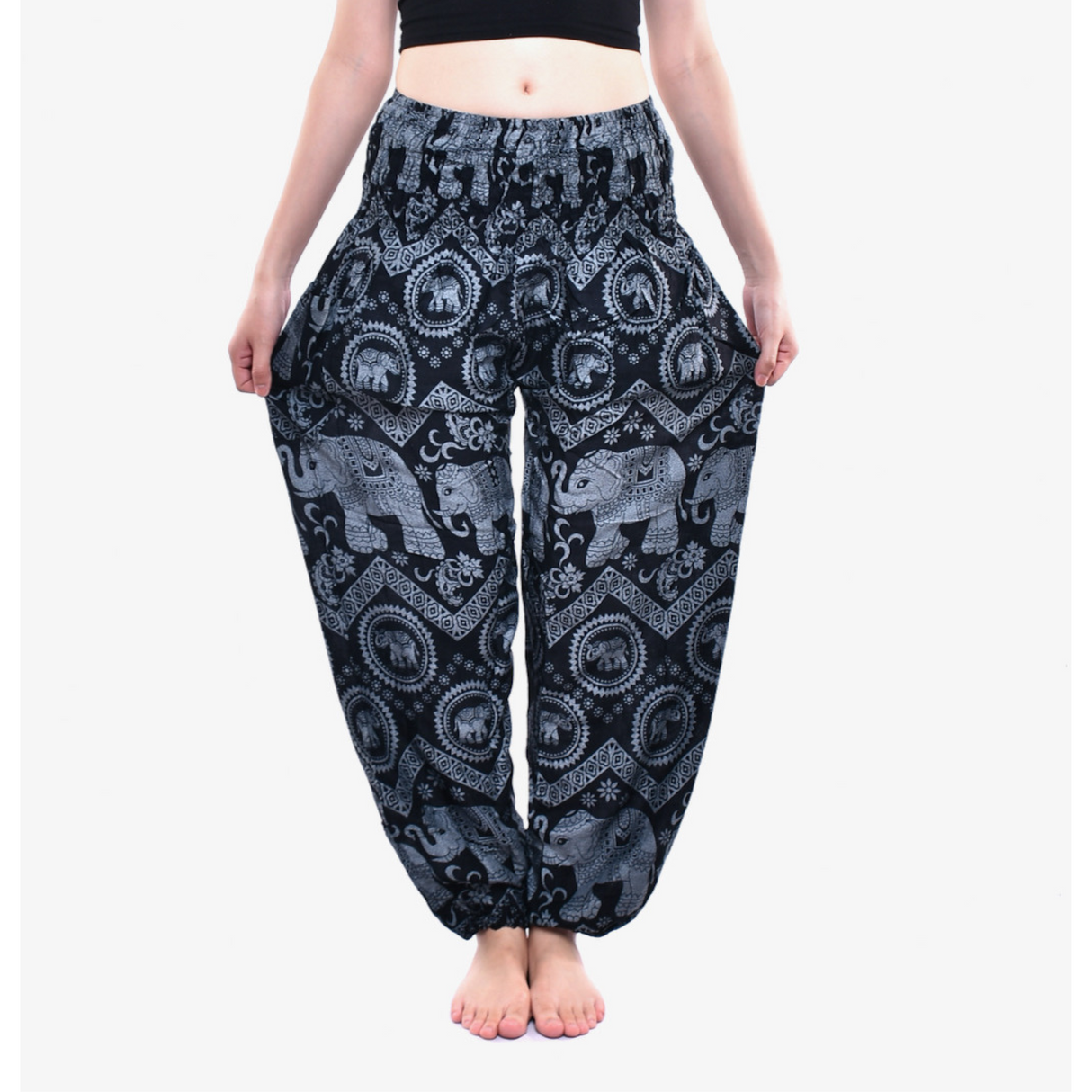 Haremshose Elefanten blau luftige Sommerhose aus weicher Viskose handgenäht fair gehandelt von Karmandala