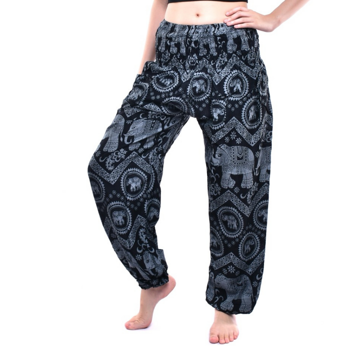 Haremshose Elefanten blau luftige Sommerhose aus weicher Viskose handgenäht fair gehandelt von Karmandala