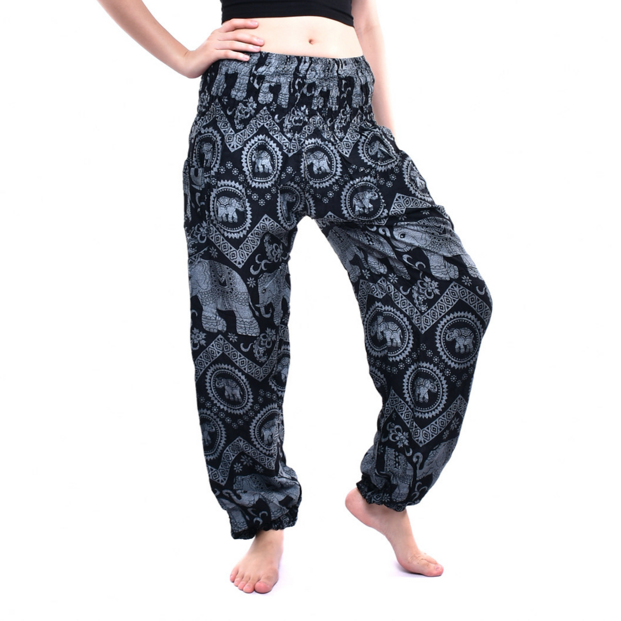 Haremshose Elefanten blau luftige Sommerhose aus weicher Viskose handgenäht fair gehandelt von Karmandala