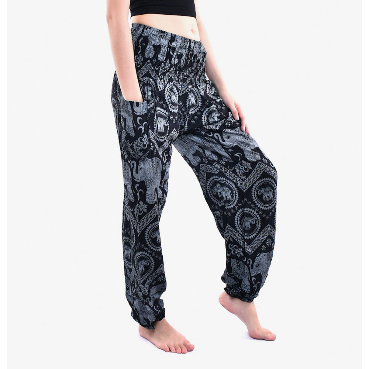 Haremshose Elefanten blau luftige Sommerhose aus weicher Viskose handgenäht fair gehandelt von Karmandala