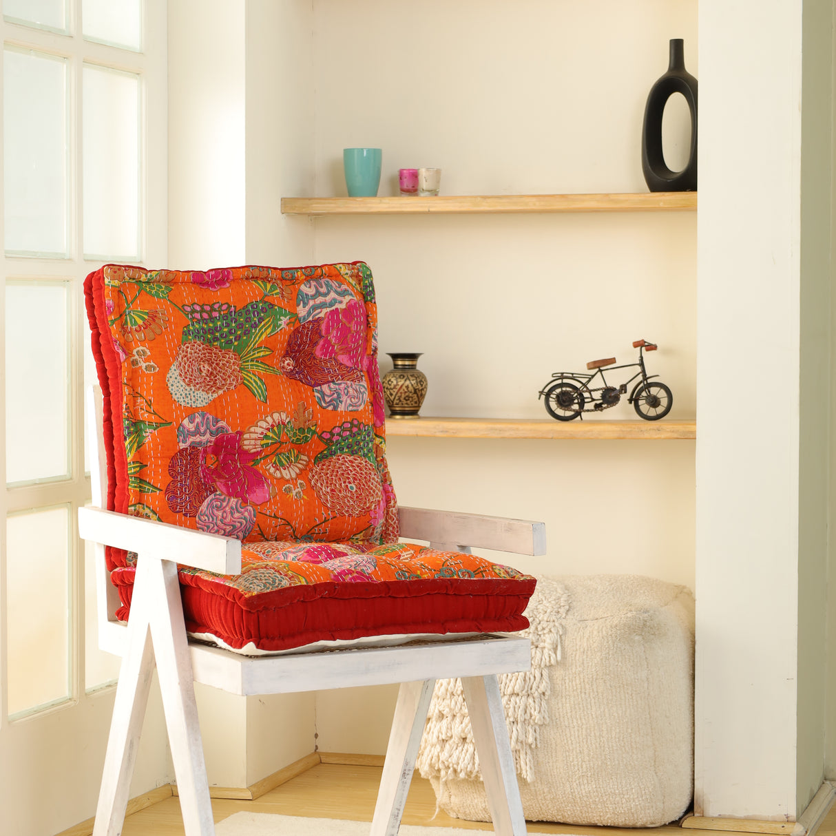 Bodenkissen 50x50 cm Orange Kantha-Stil – indisches Boho Sitzkissen Baumwolle, Vintage Patchwork Meditationskissen, handgefertigtes Unikat