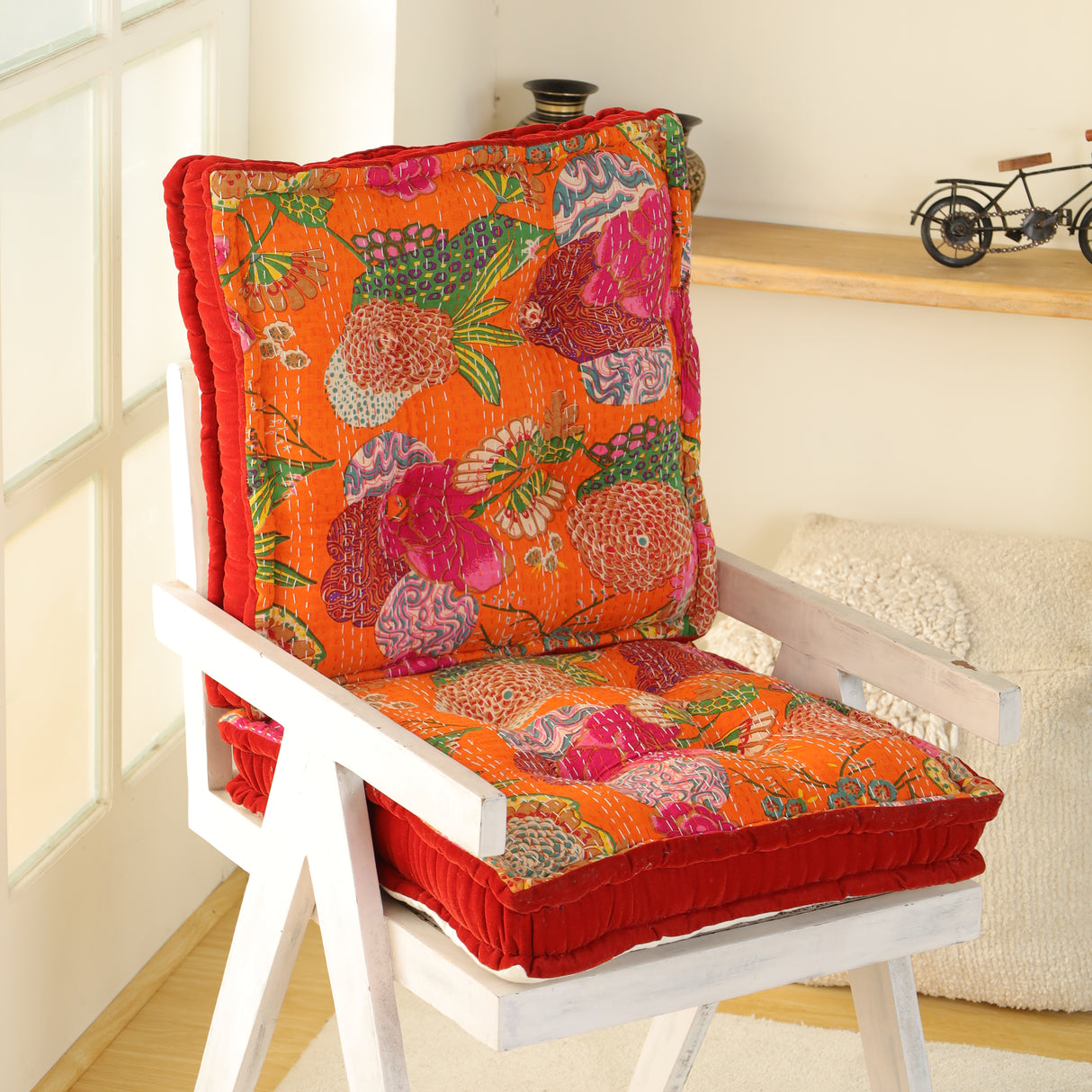 Bodenkissen 50x50 cm Orange Kantha-Stil – indisches Boho Sitzkissen Baumwolle, Vintage Patchwork Meditationskissen, handgefertigtes Unikat