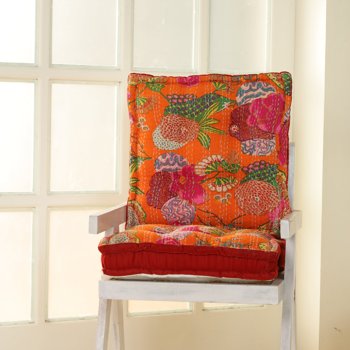 Bodenkissen 50x50 cm Orange Kantha-Stil – indisches Boho Sitzkissen Baumwolle, Vintage Patchwork Meditationskissen, handgefertigtes Unikat