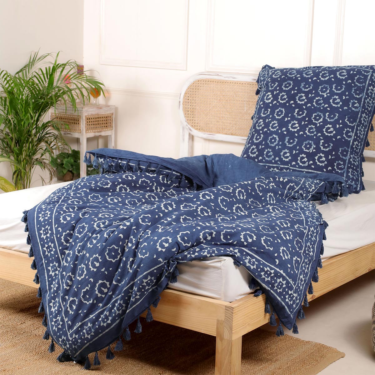 Bettwäsche Indigo Blockdruck Blume - 135x200 cm + Kissen