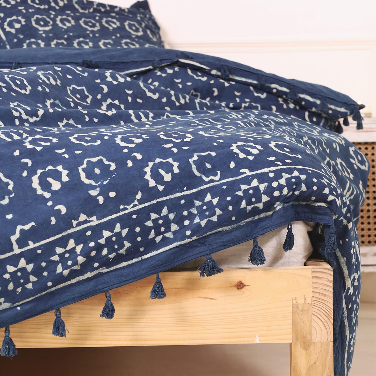 Bettwäsche Indigo Blockdruck Blume - 135x200 cm + Kissen