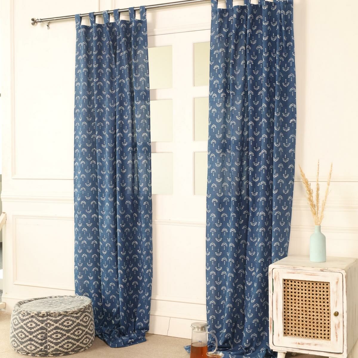 Indische Vorhänge Indigo blau mit blockdruck muster - 100% Baumwolle handgefertigt und fair gehandelt blickdicht aber lichtdurchlässig