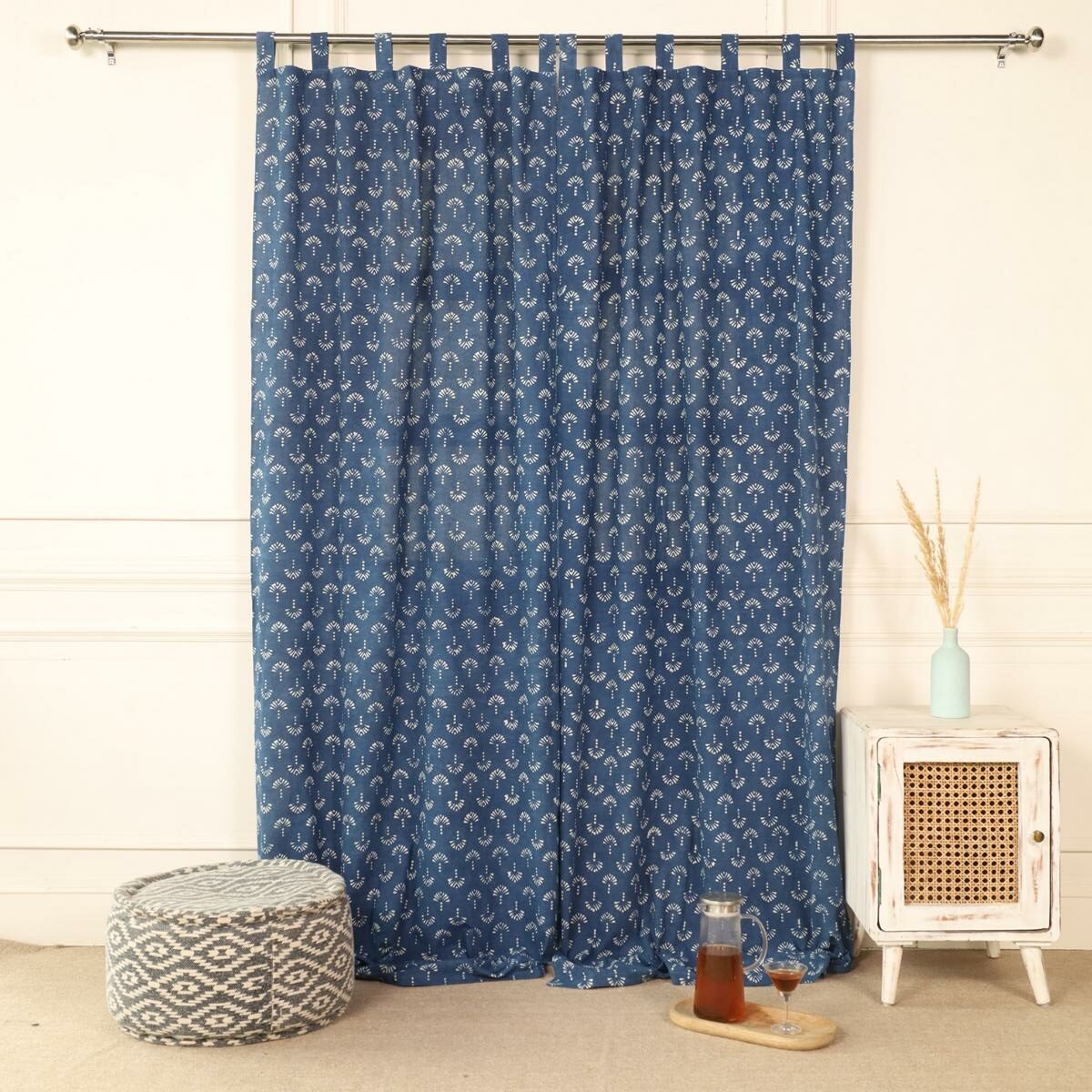 Indische Vorhänge Indigo blau mit blockdruck muster - 100% Baumwolle handgefertigt und fair gehandelt blickdicht aber lichtdurchlässig