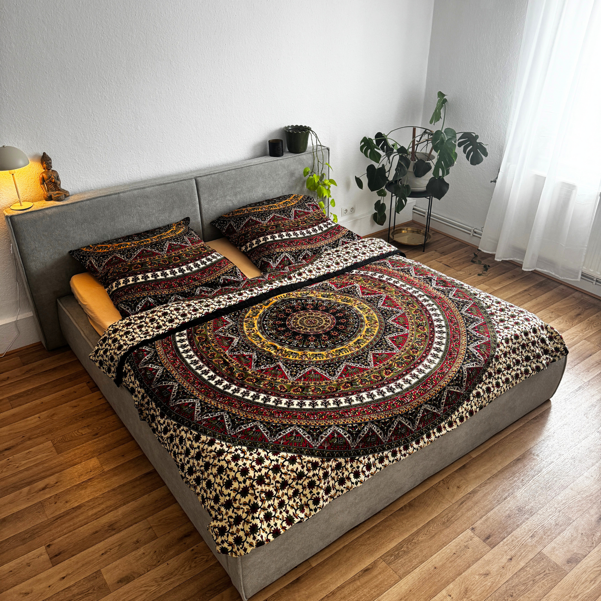 Indische Bettwäsche Stern Mandala grün braun 200x220 cm + 2 Kissen