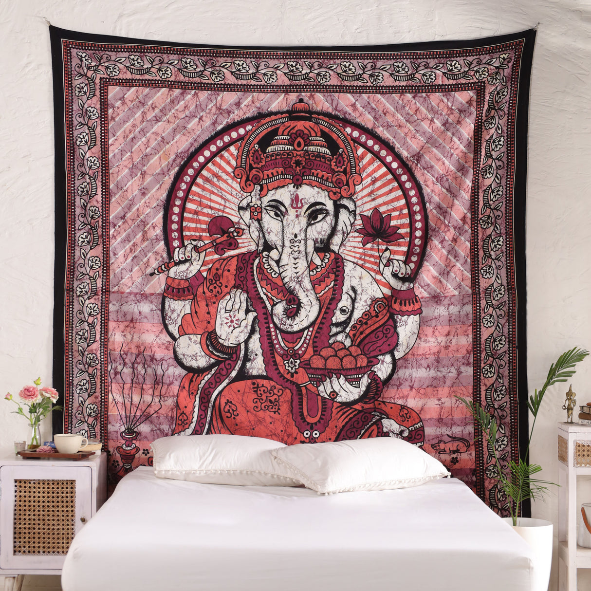 Indisches Wandtuch mit Ganesha in rot - psychedelic Wandteppich aus Baumwolle XXL Tuch 2x2 m