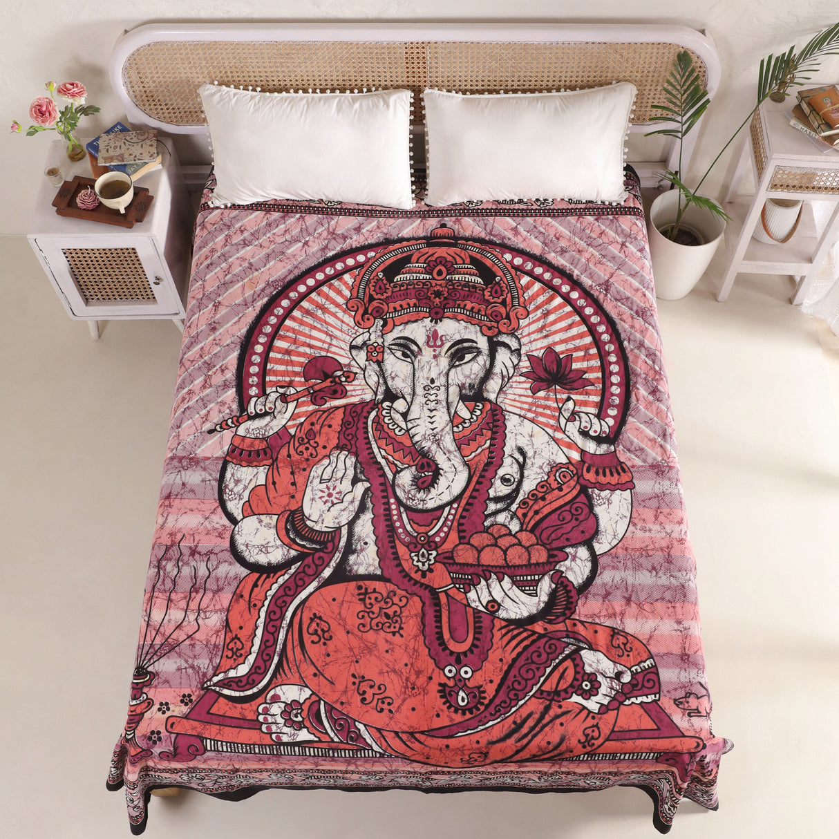 Indisches Wandtuch mit Ganesha in rot - psychedelic Wandteppich aus Baumwolle XXL Tuch 2x2 m