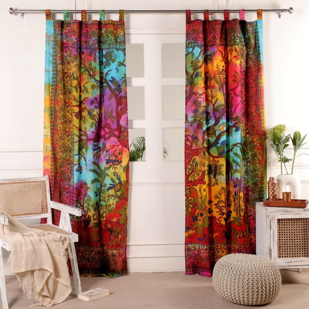 Indischer Vorhang Lebensbaum batik bunt - Gardinen mit Schlaufen 210 cm lang 200 cm breit