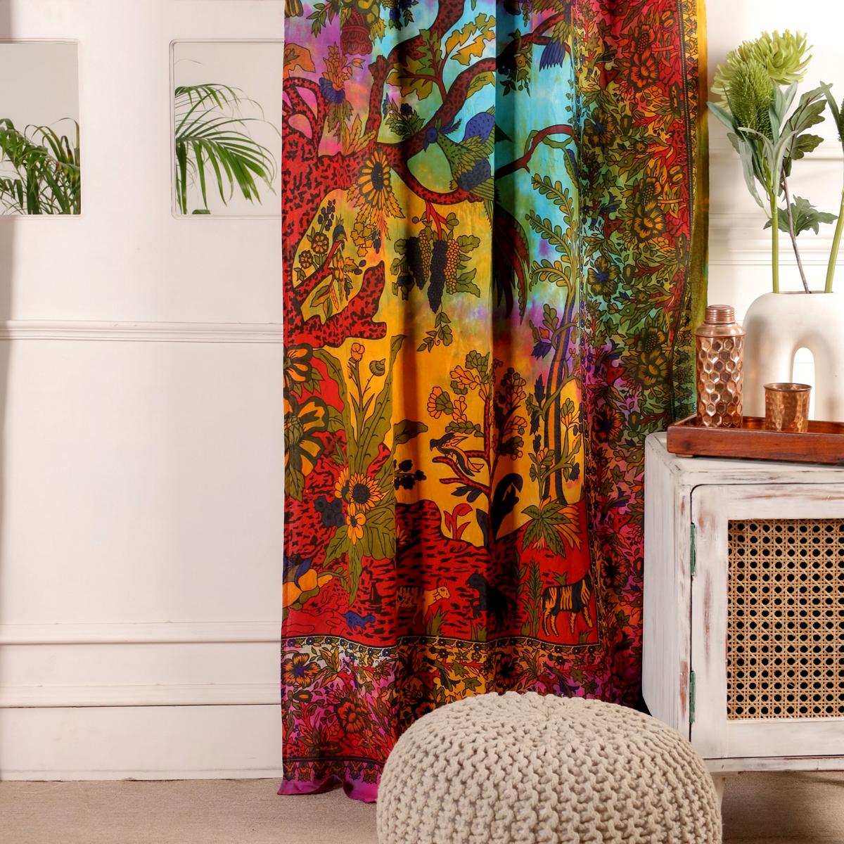 Indischer Vorhang Lebensbaum batik bunt - Gardinen mit Schlaufen 210 cm lang 200 cm breit