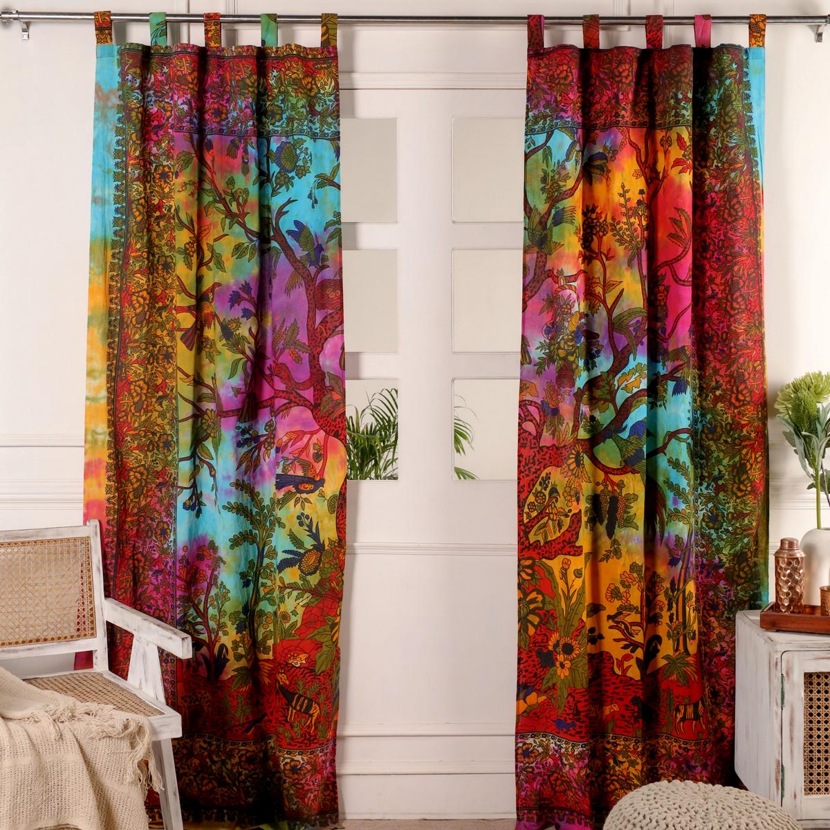 Indischer Vorhang Lebensbaum batik bunt - Gardinen mit Schlaufen 210 cm lang 200 cm breit