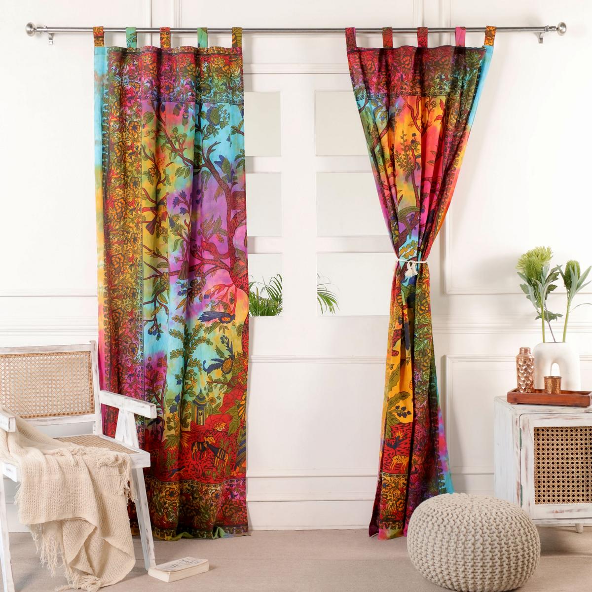 Indischer Vorhang Lebensbaum batik bunt - Gardinen mit Schlaufen 210 cm lang 200 cm breit