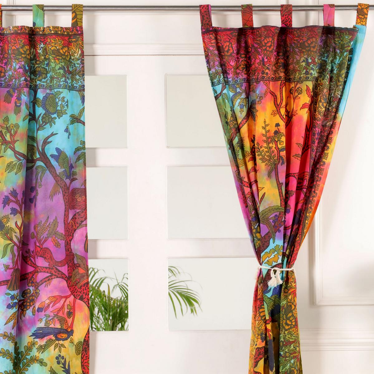 Indischer Vorhang Lebensbaum batik bunt - Gardinen mit Schlaufen 210 cm lang 200 cm breit