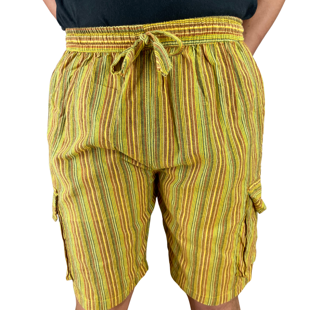 Kurze Hippie Hose Fischerstoff Stil gelb Unisex alternative Mode aus Nepal Hippiestyle fair gehandelt von Karmandala