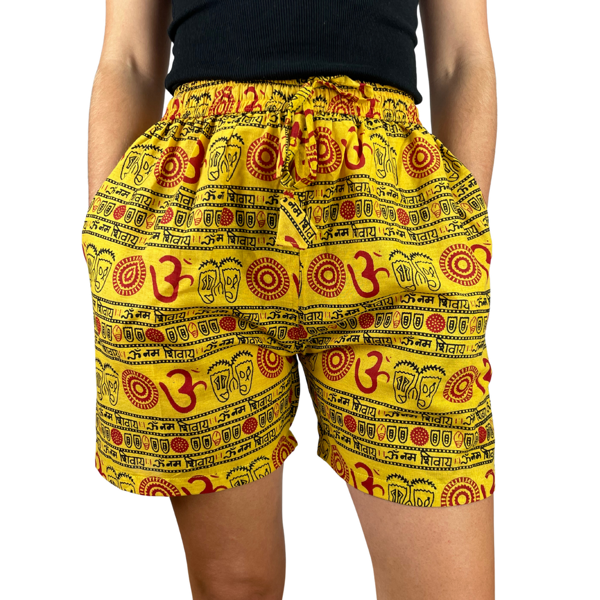 Kurze Sommerhose Gelb Om Zeichen Shorts indische Kleidung fair gehandelt