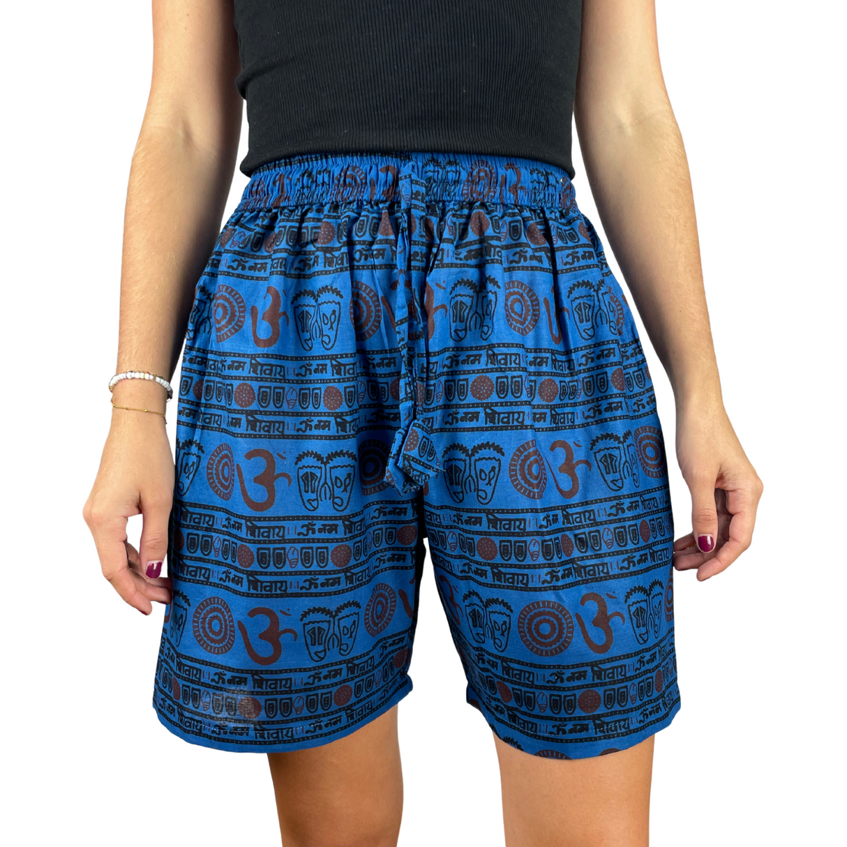 Kurze Sommerhose Blau Om Zeichen Shorts indische Kleidung fair gehandelt