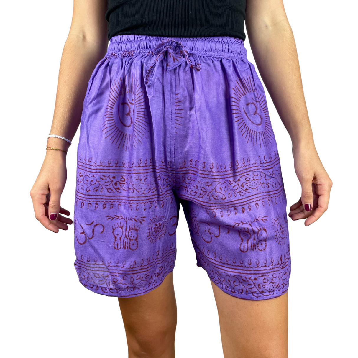 Kurze Sommerhose Ram Nami Lila - leichte Shorts Unisex alternative Hippie Mode für Yoga und Meditation fair gehandelt