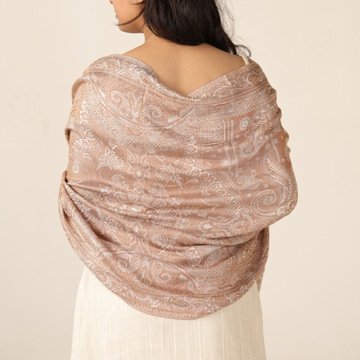 Pashmina Schal Creme Pastel mit Paisley Muster – Weicher Ethnic Boho Schal aus Modal | Stola Handgefertigt Indisches Tuch zum Umhängen Fair