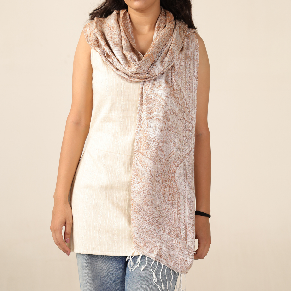Pashmina Schal Creme Pastel mit Paisley Muster – Weicher Ethnic Boho Schal aus Modal | Stola Handgefertigt Indisches Tuch zum Umhängen Fair
