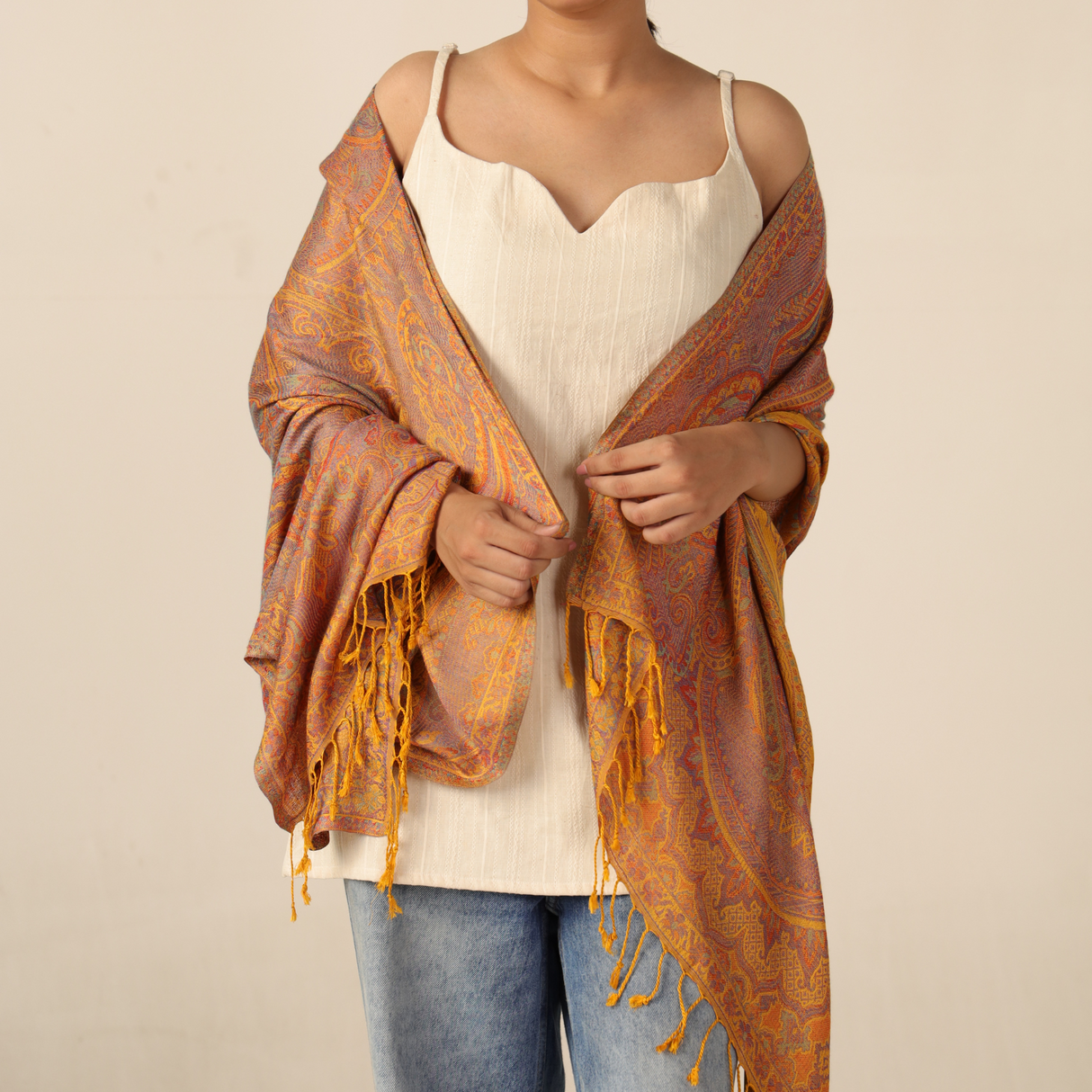 Pashmina-Schal Goldgelb mit feinem Paisley-Muster große Stola