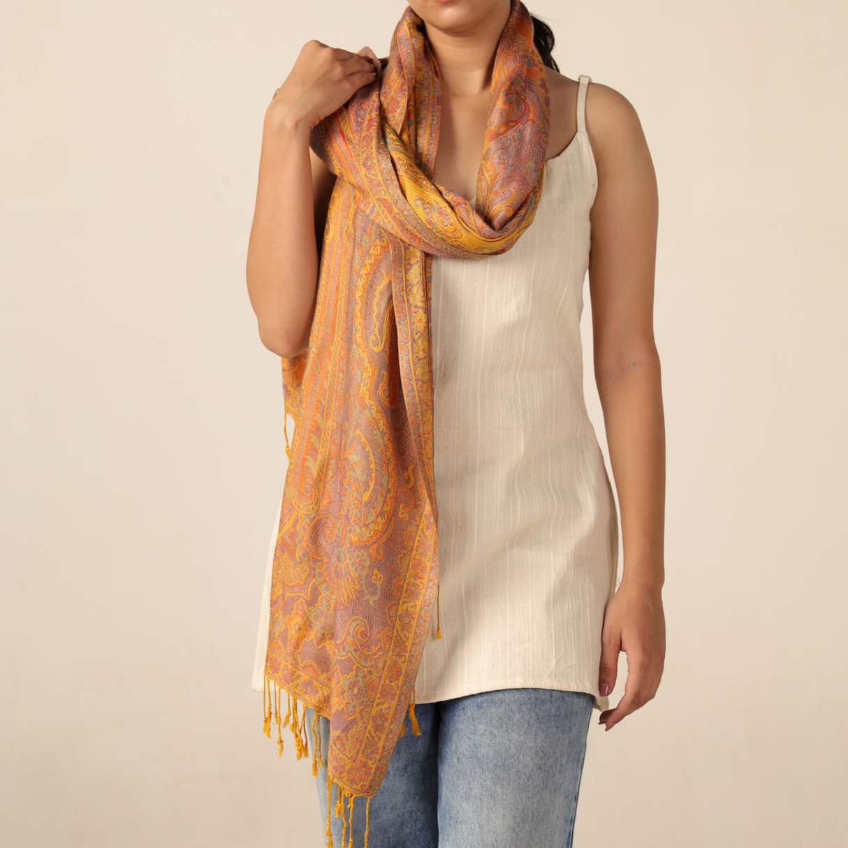 Pashmina-Schal Goldgelb mit feinem Paisley-Muster große Stola