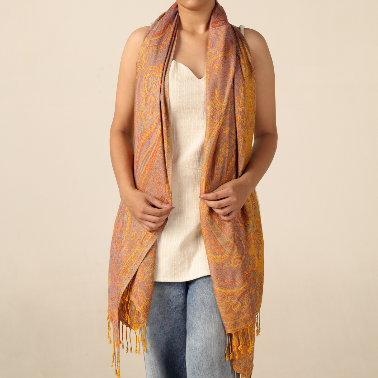 Pashmina-Schal Goldgelb mit feinem Paisley-Muster große Stola