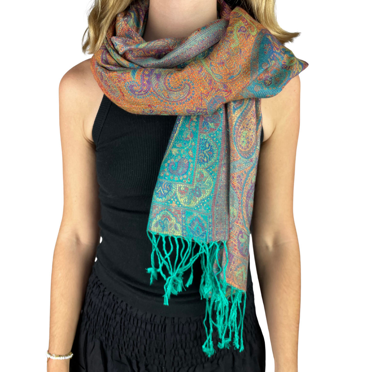 Pashmina-Schal mit feinem Paisley-Muster in Türkis-Orange – Frische, Leichtigkeit und Inspiration