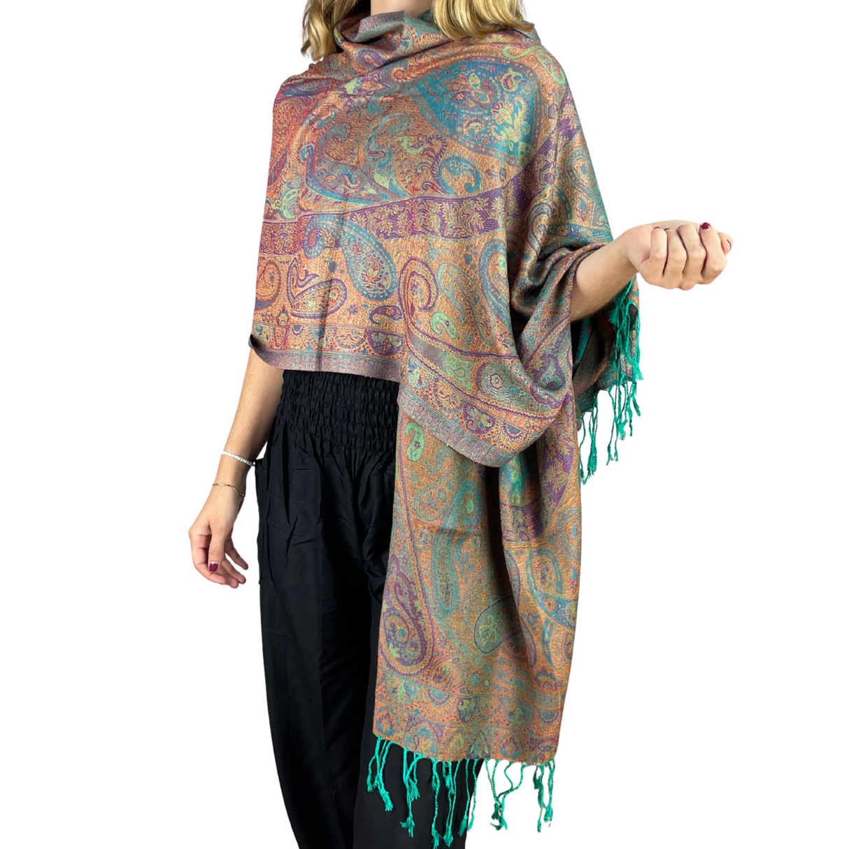 Pashmina-Schal mit feinem Paisley-Muster in Türkis-Orange – Frische, Leichtigkeit und Inspiration