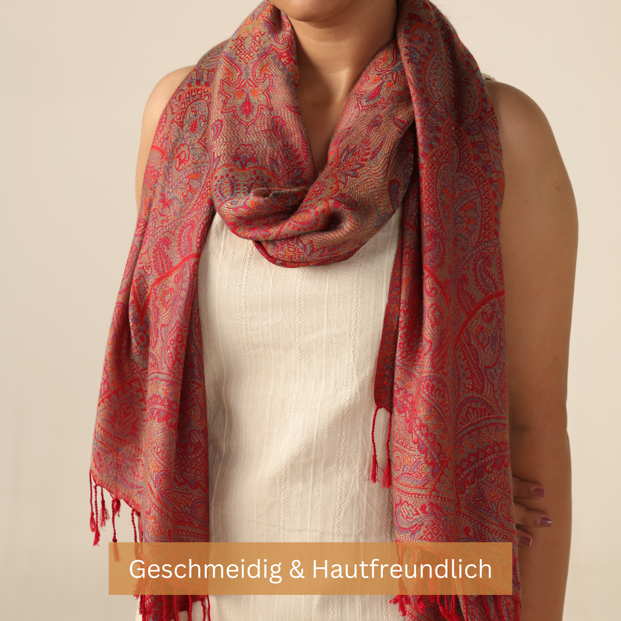 Pashmina Schal rot mit Paisley Muster - weicher Schal aus Indien