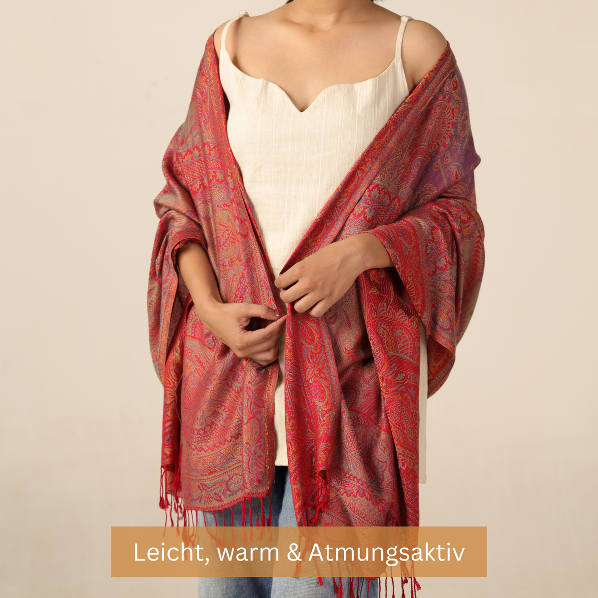 Pashmina Schal rot mit Paisley Muster - weicher Schal aus Indien