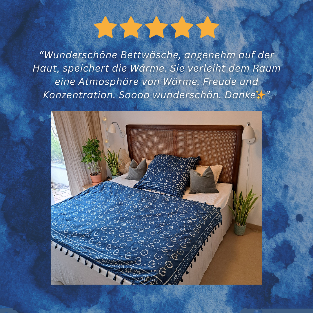 Bettwäsche Indigo Blockdruck Pfauenfeder