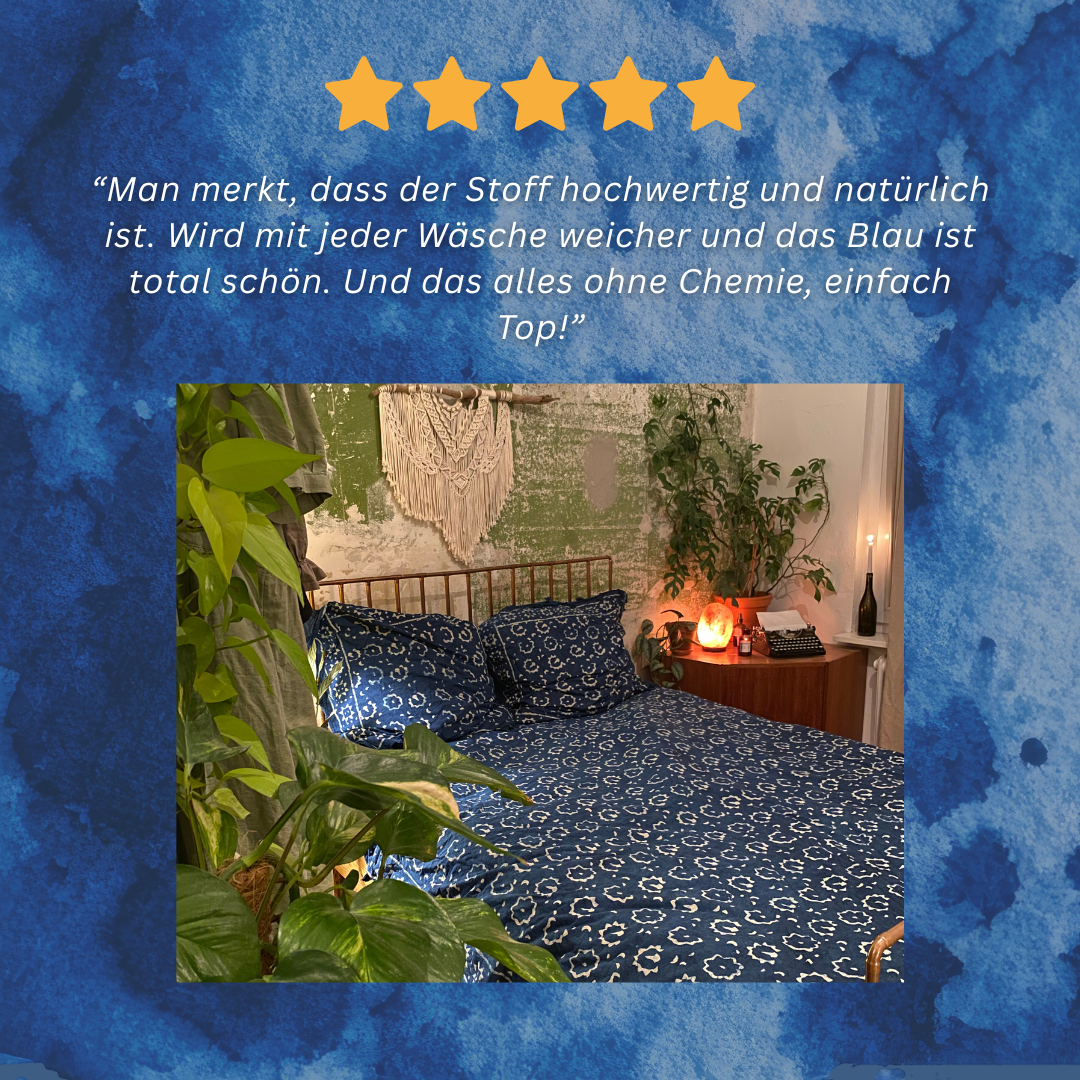 Bettwäsche Indigo Blockdruck Blume - 135x200 cm + Kissen