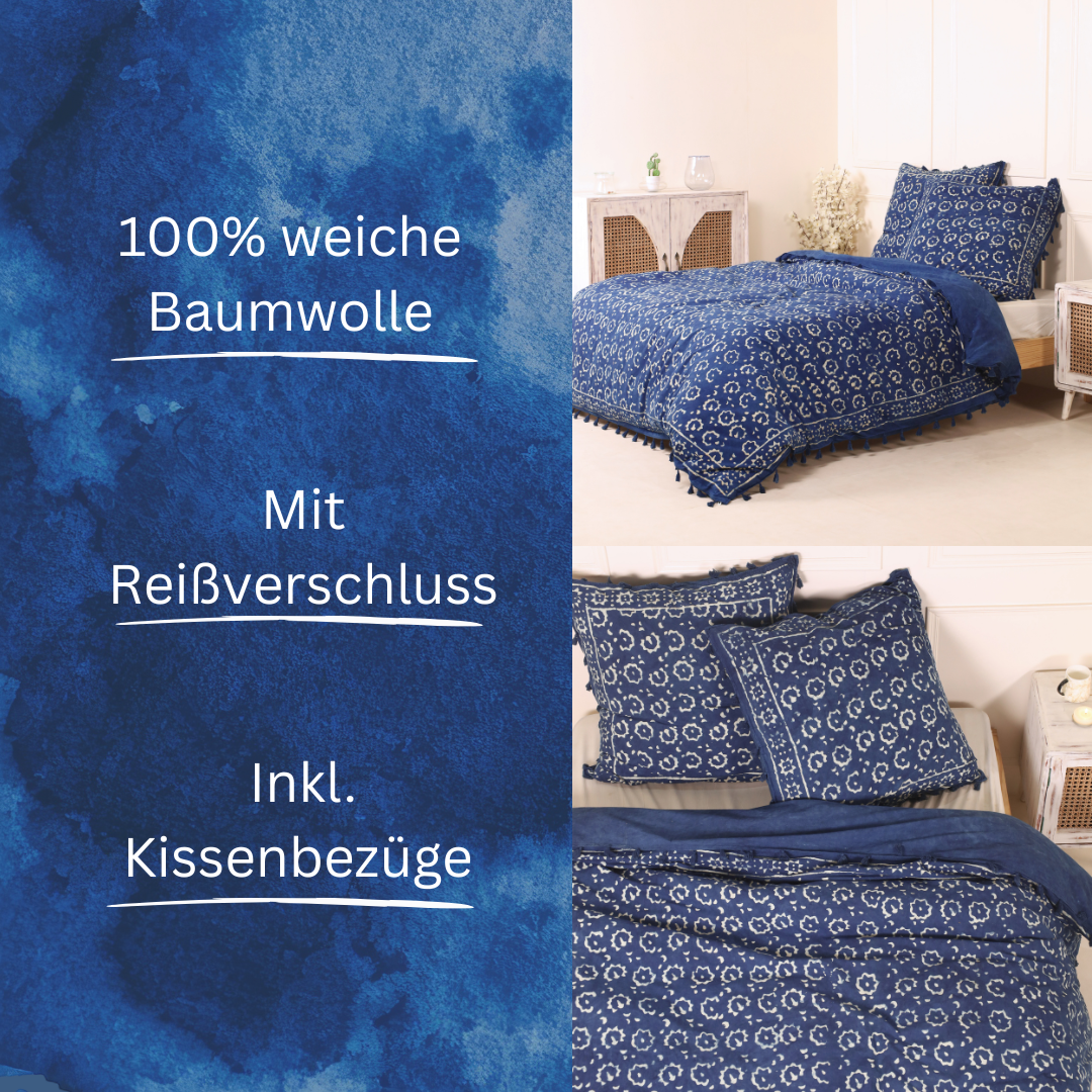 Bettwäsche Indigo Blockdruck Blume - 135x200 cm + Kissen