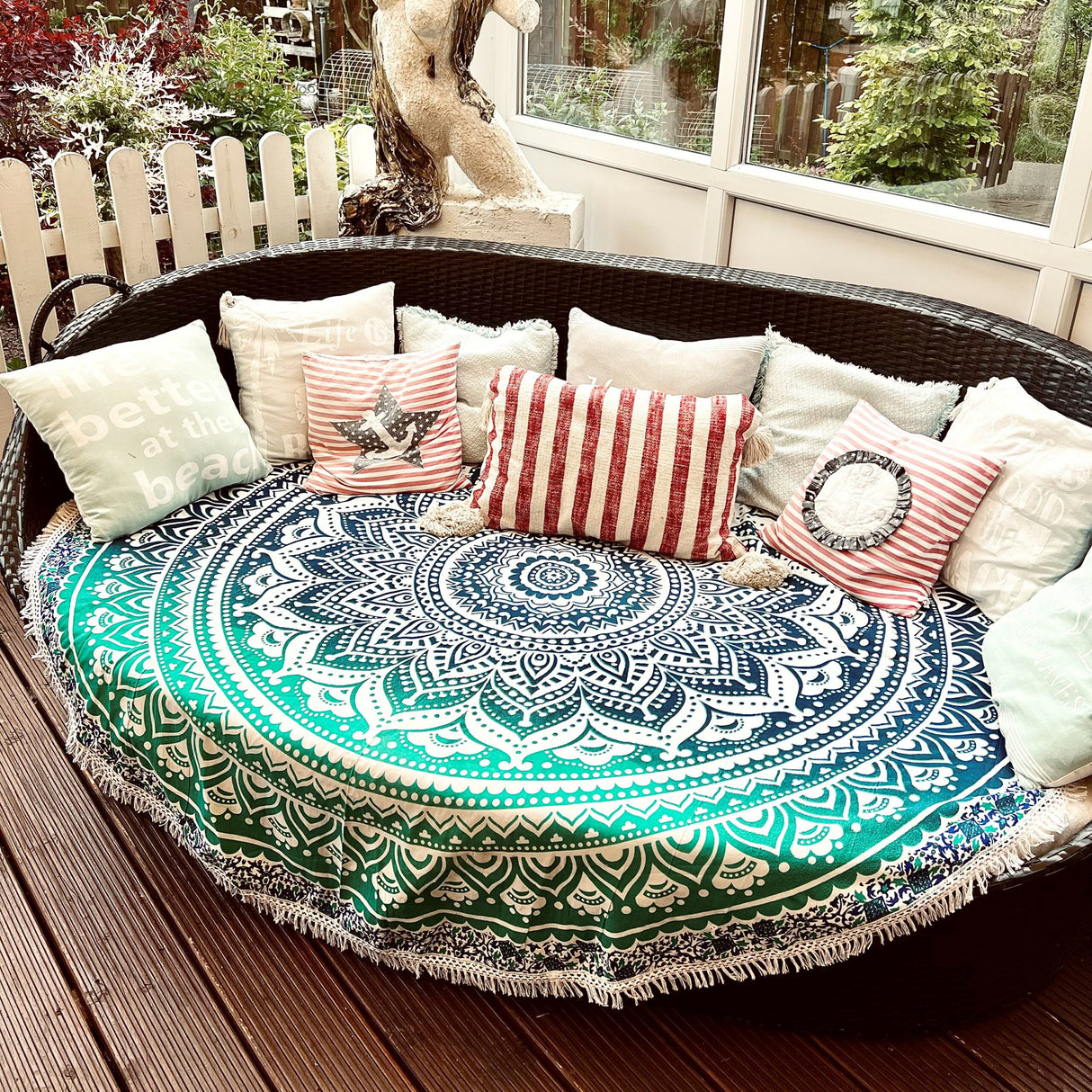 Strandtuch rundes Mandala Tuch Ombre türkis