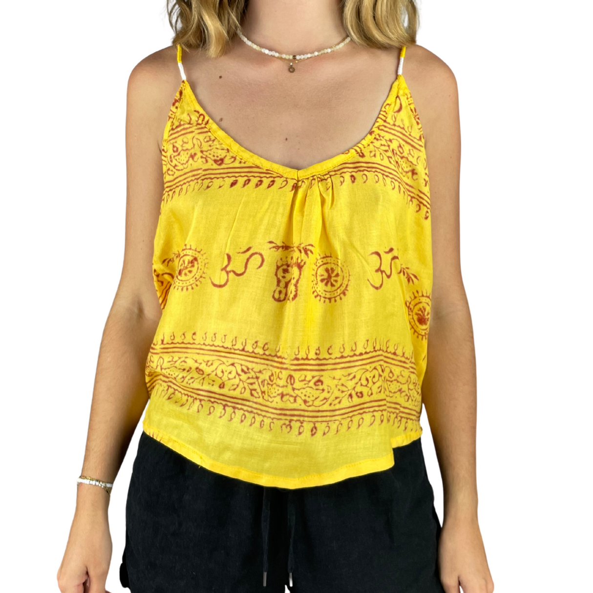 Leichtes Sommertop in Gelb mit spirituellem Muster