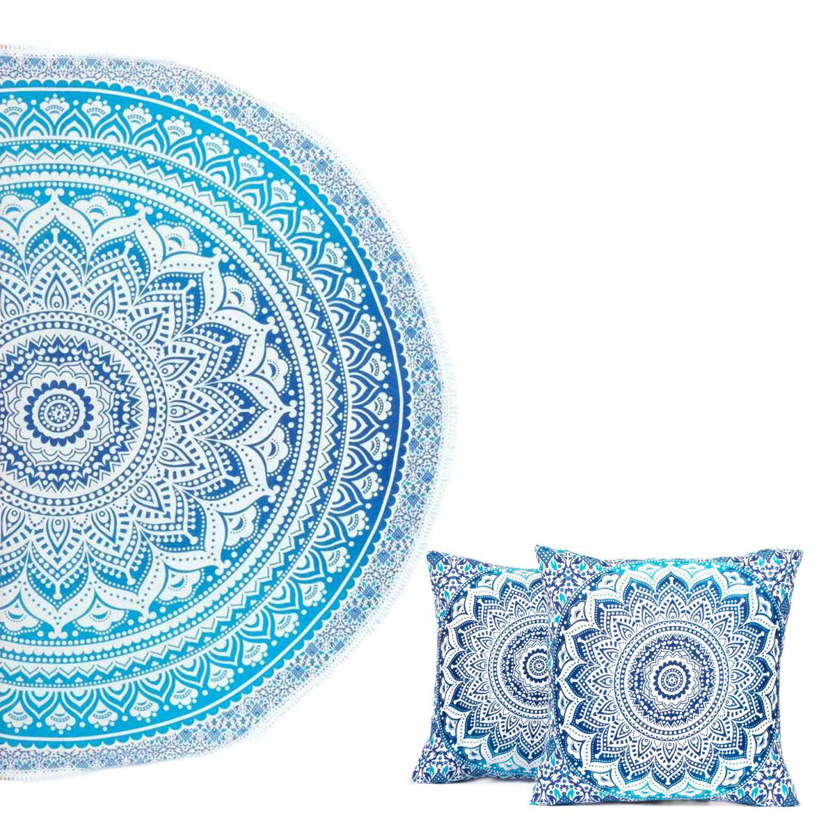 Strandtuch + 2 Kissen Ombre Mandala blau