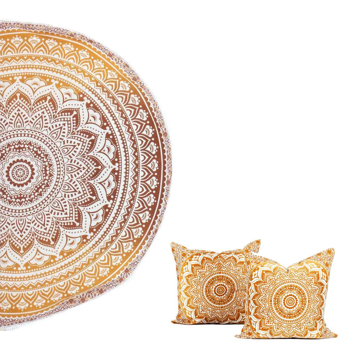 Strandtuch + 2 Kissen Ombre Mandala ocker braun