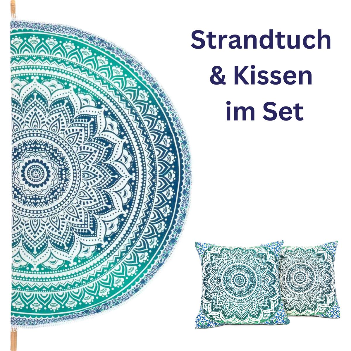 Rundes Mandala Strandtuch Ombre türkis + Kissen