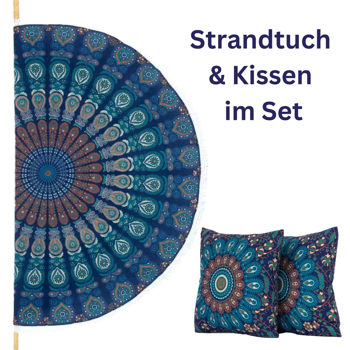 Rundes Mandala Strandtuch Pfauenfeder blau türkis + Kissen