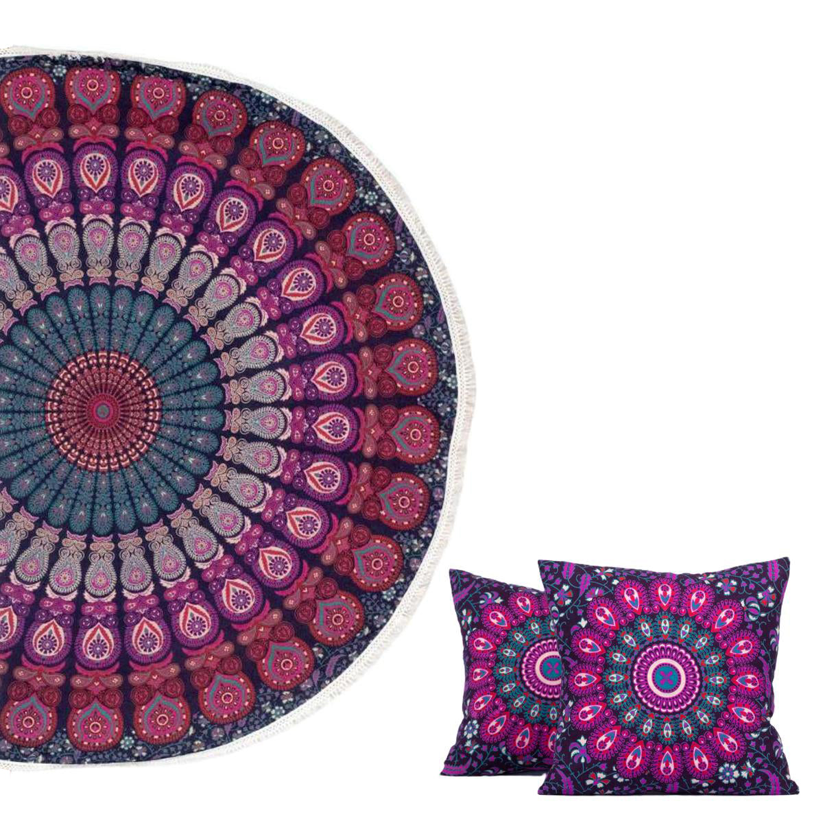 Strandtuch + 2 Kissen Pfauenfeder Mandala bordeaux rosa