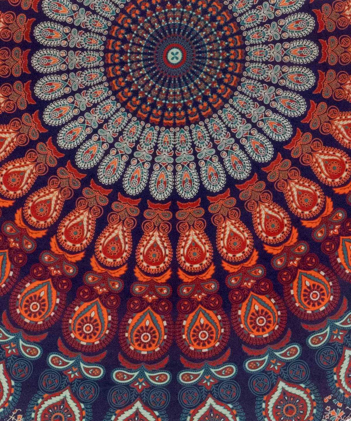 Rundes Mandala Tuch Pfauenfeder blau orange türkis - ca. 185 cm