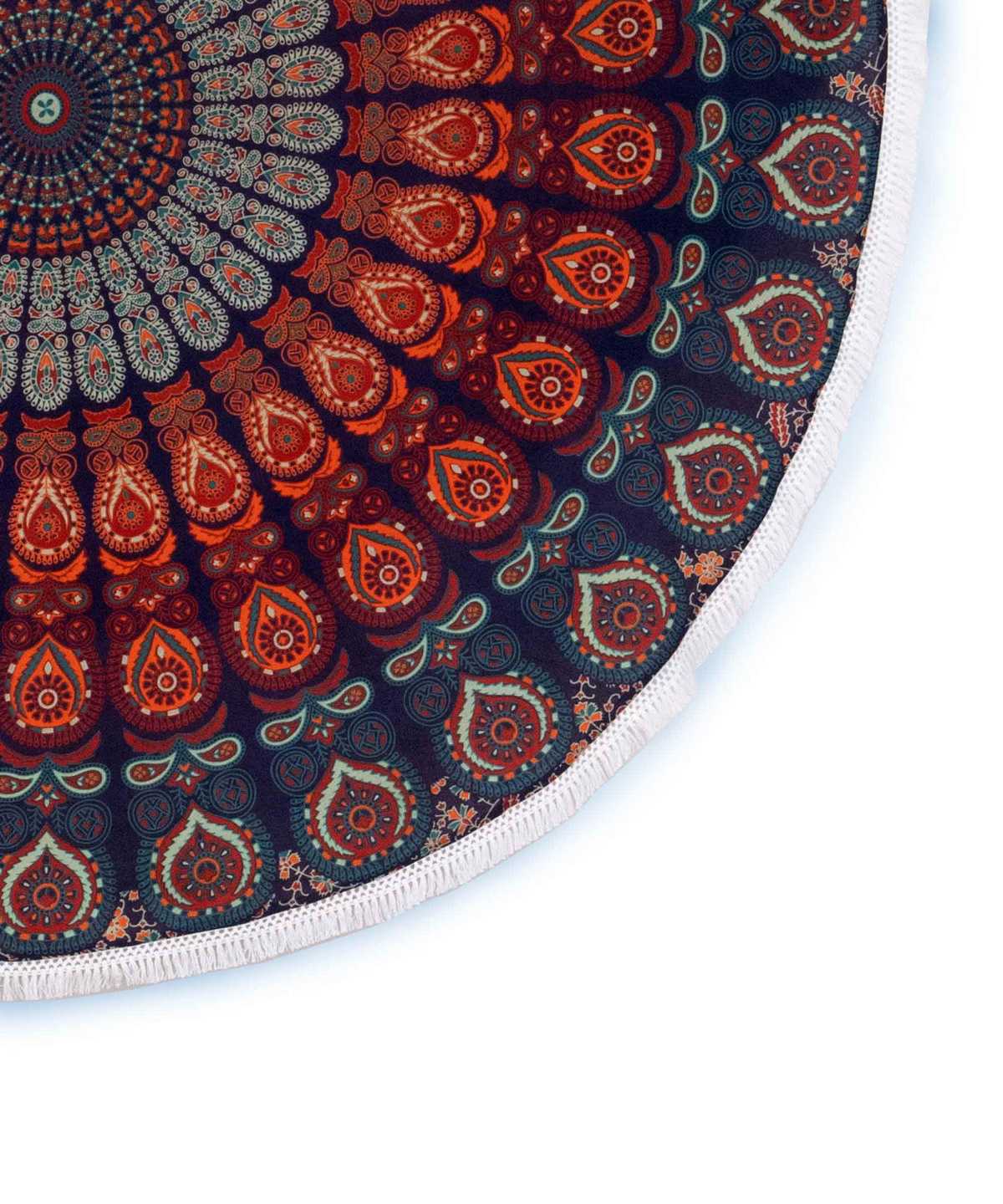 Rundes Mandala Tuch Pfauenfeder blau orange türkis - ca. 185 cm
